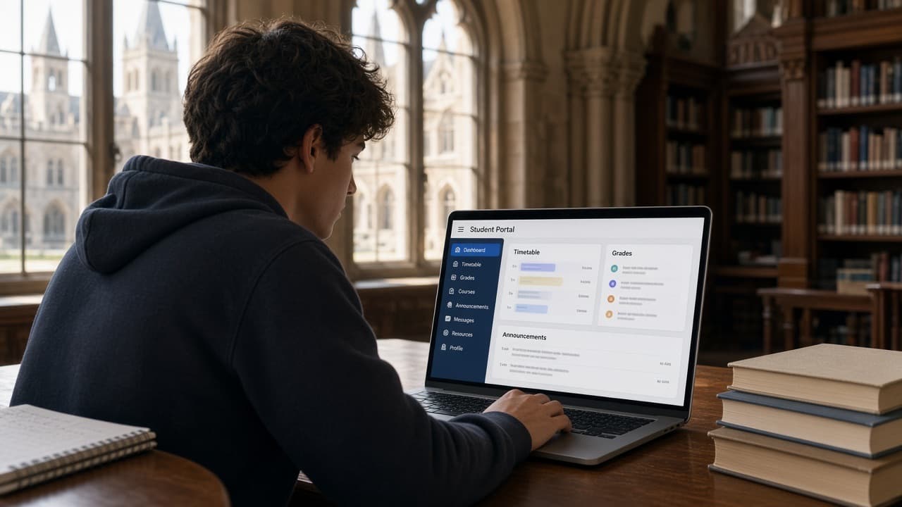 Student using a university portal on a laptop in a campus library