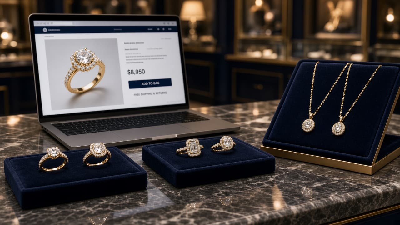 Luxury jewellery display with an online jewellery store on a laptop