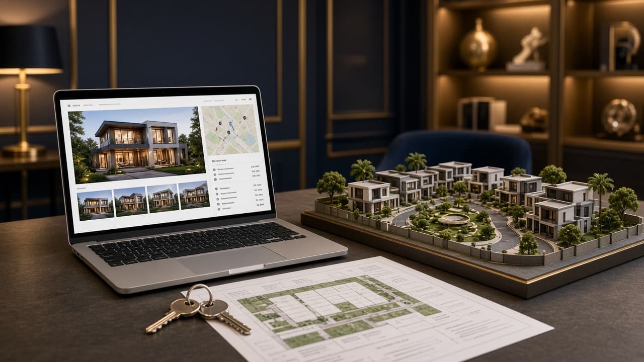 Property listing portal beside a housing-society architectural model