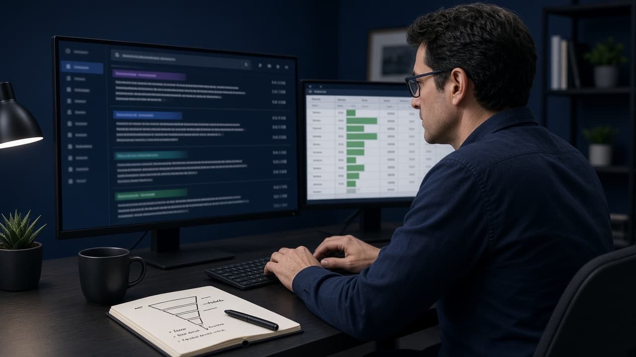 SEO analyst reviewing search rankings and a keyword spreadsheet