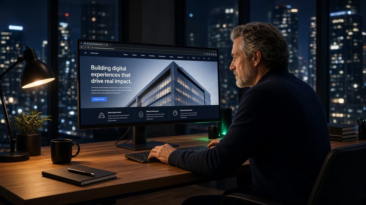 Designer building a custom business website on an ultrawide monitor in a premium studio