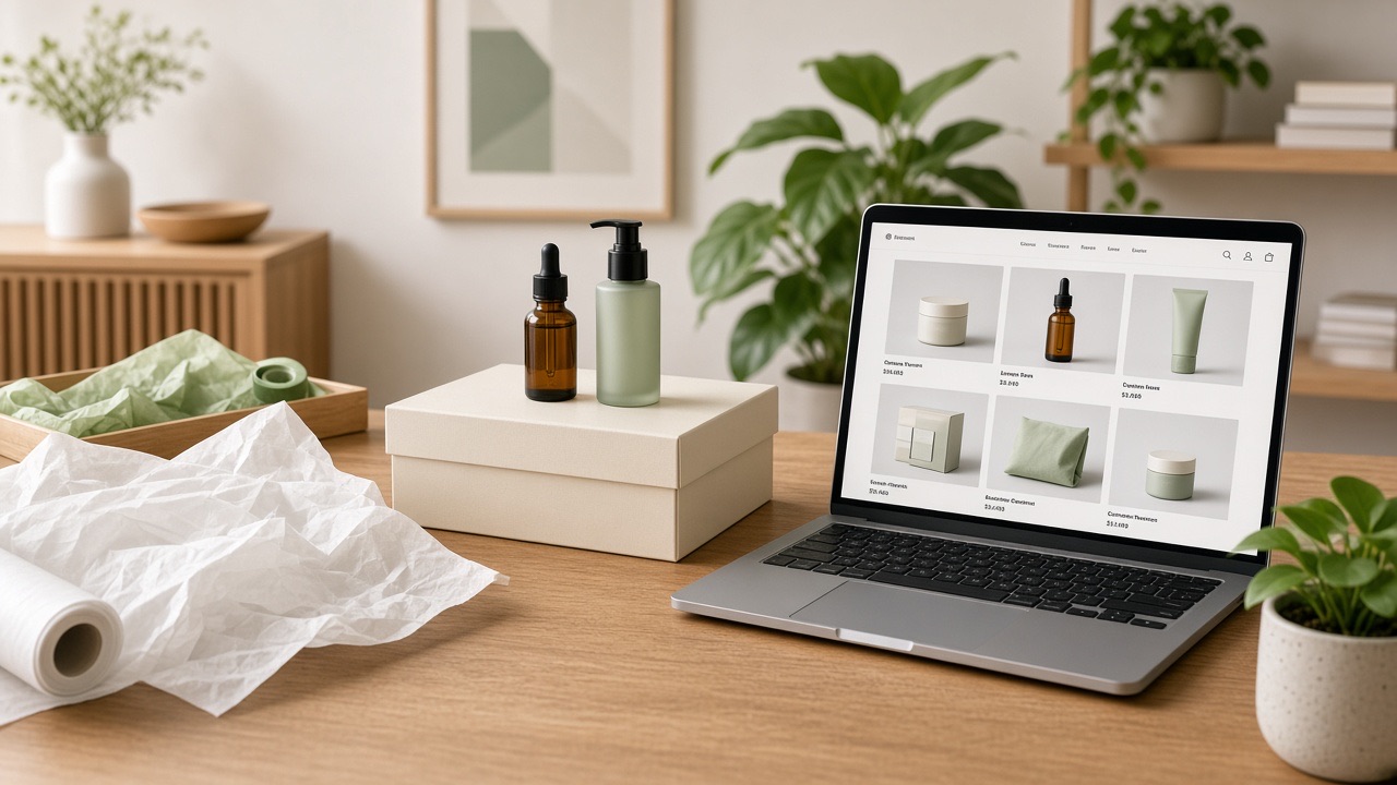 Fashion brand packing station with a Shopify-style storefront on a laptop