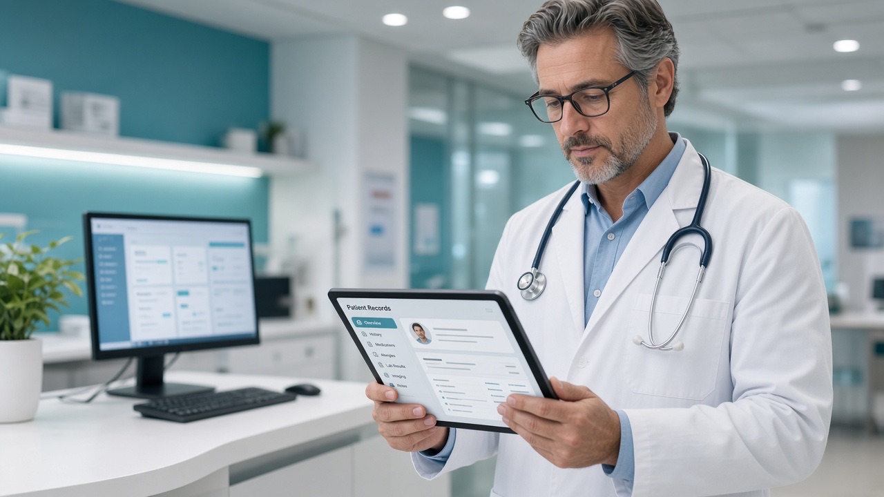 Doctor reviewing a clinic booking portal on a tablet