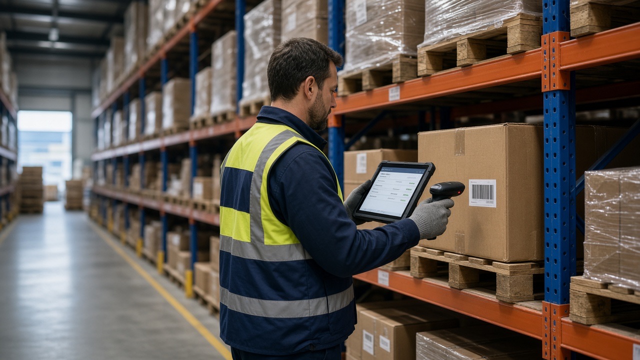 Warehouse worker scanning pallet stock on an industrial tablet