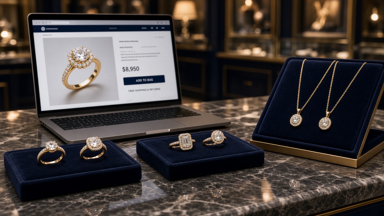 Luxury jewellery display with an online jewellery store on a laptop