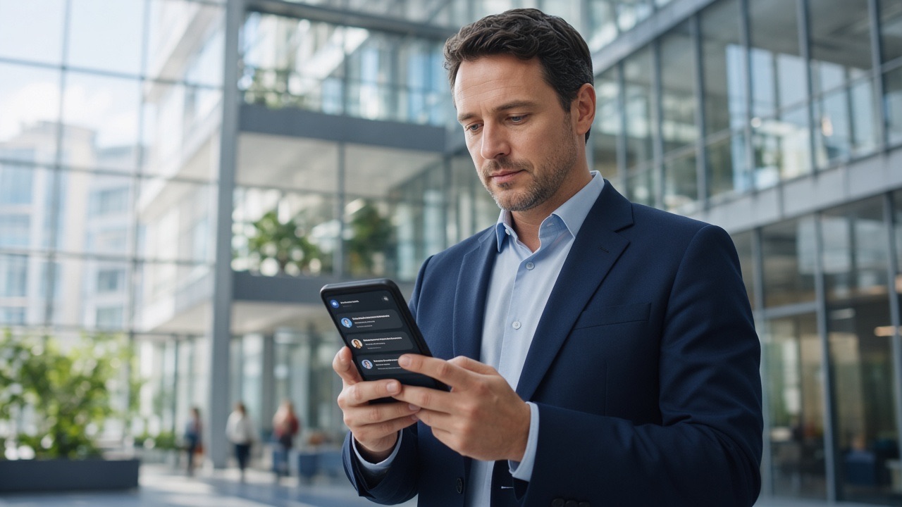 Smartphone app in use in a glass office lobby