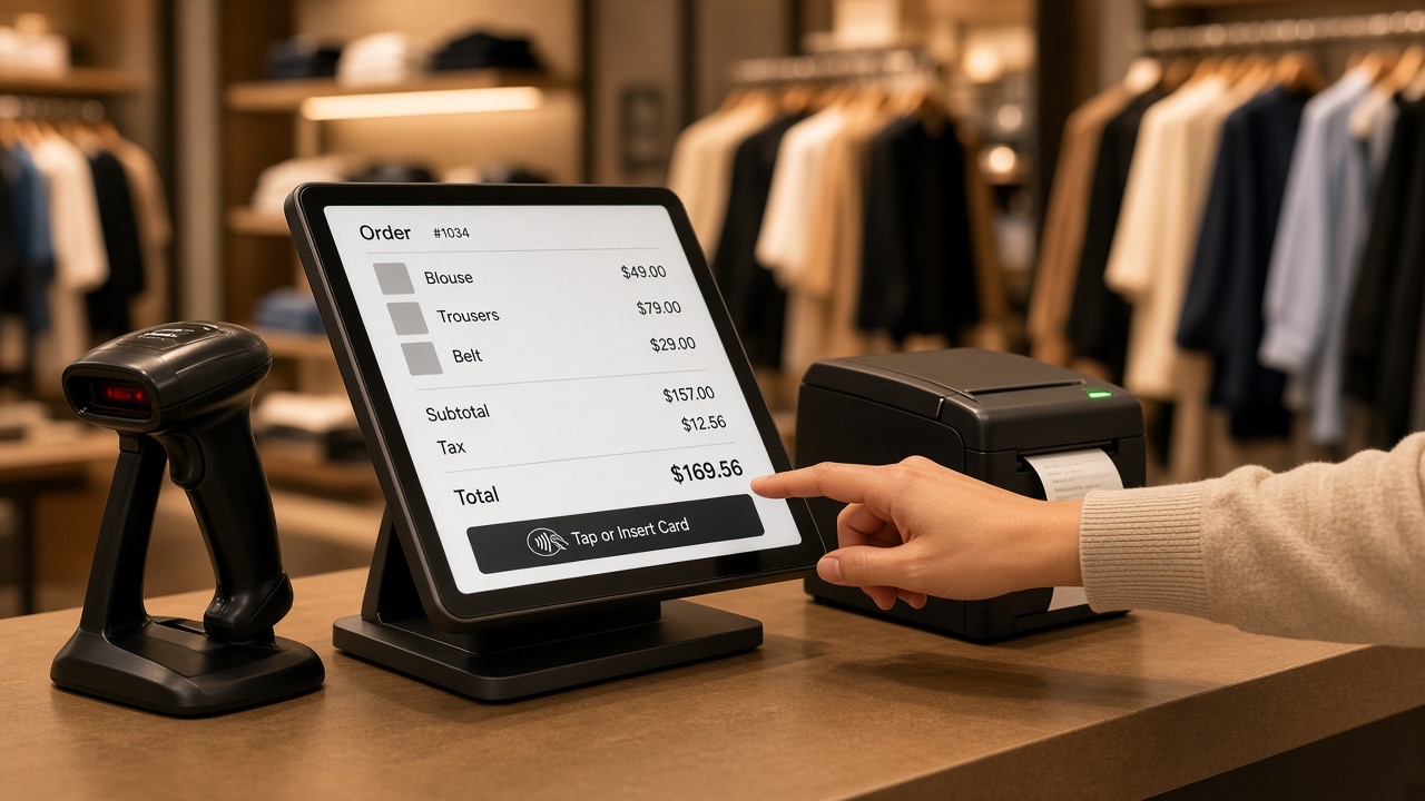 Retail counter with a touchscreen POS terminal in a clothing store